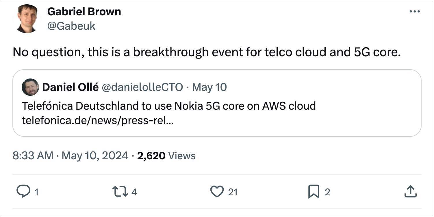 Picture of an X post about O2 Telefonica Germany's move to the public cloud
